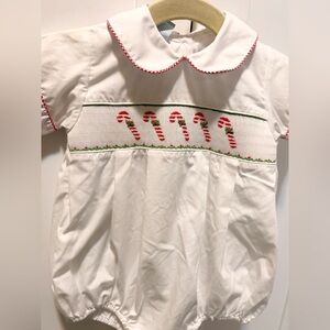 Boys Smocked White Baby Romper with Candy Cane Embroidery